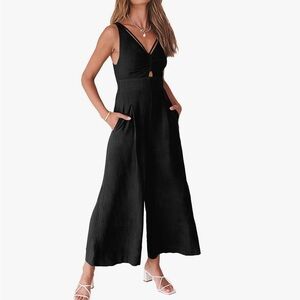 Sleek Black Jumpsuit with Plunging V-Neck and Wide-Leg Pants